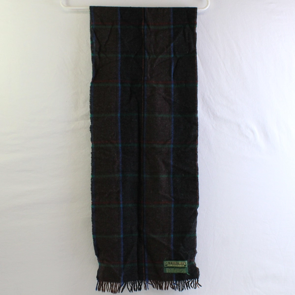 Vintage Sutter Creek Levi Strauss & Co Gray/Black Wool Plaid Scarf w/Fringe Trim