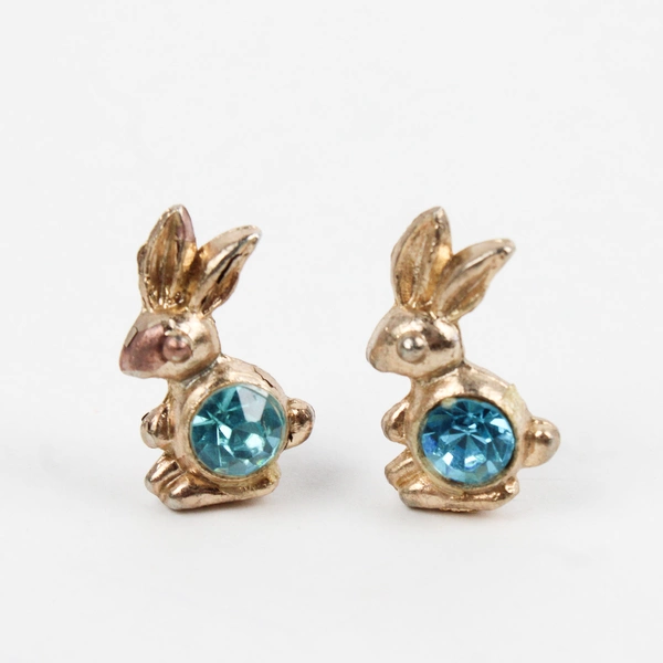 Set of 2 Matching 3/4" Gold-Tone Aqua Stone Bunny Rabbit Brooches