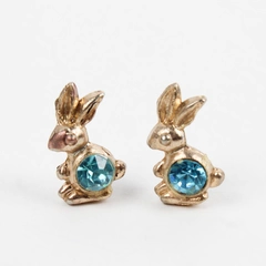 Set of 2 Matching 3/4" Gold-Tone Aqua Stone Bunny Rabbit Brooches
