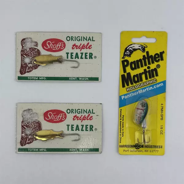 3 Vintage Freshwater Fishing Lures Panther Martin 2 Shoff's Triple Teasers Gold