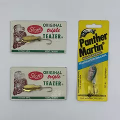 3 Vintage Freshwater Fishing Lures Panther Martin 2 Shoff's Triple Teasers Gold