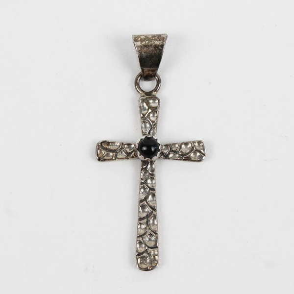 Sterling Silver Cross Pendant with Polished Black Round Stone Center