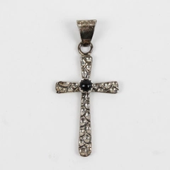 Sterling Silver Cross Pendant with Polished Black Round Stone Center