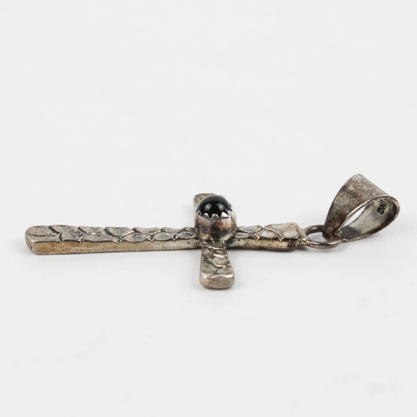 Sterling Silver Cross Pendant with Polished Black Round Stone Center