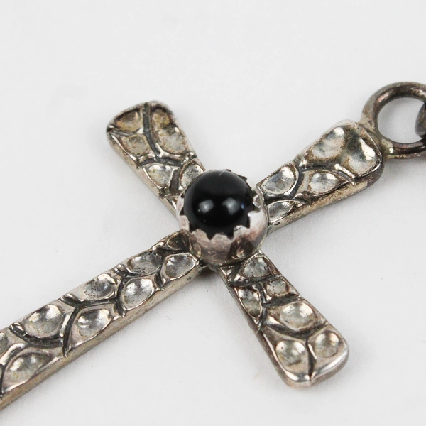 Sterling Silver Cross Pendant with Polished Black Round Stone Center