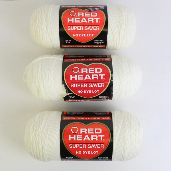 Lot of 3 Red Heart Super Saver Yarn No Dye Lot 316 Soft White