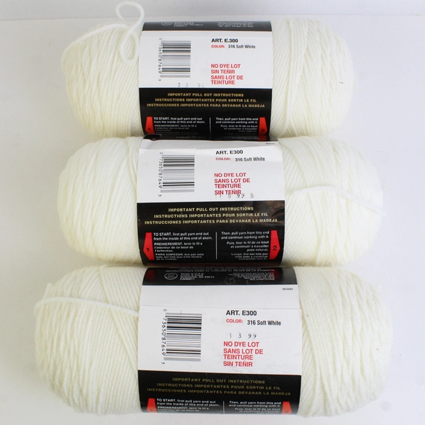 Lot of 3 Red Heart Super Saver Yarn No Dye Lot 316 Soft White