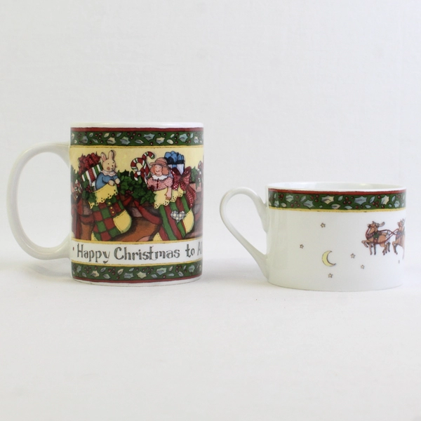 Lot Of 2 International A Christmas By Susan Winget Porcelain Mugs 4" & 2.5" Tall