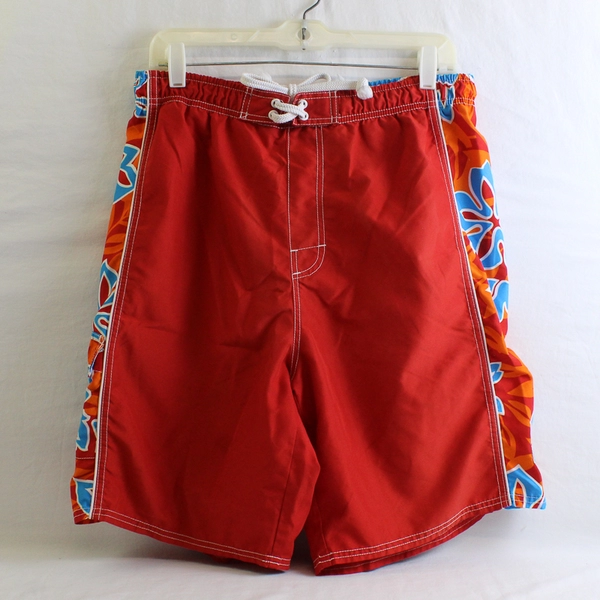 OP Sport Red Orange and Blue Tropical Swim Trunks Men's Size Medium FLAW