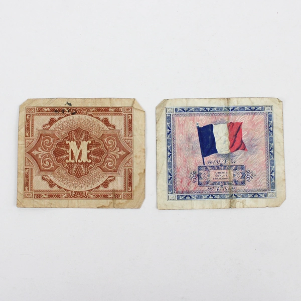 2 Allied Occupation Currency Banknotes 1944 Germany 1/2 Mark France 2 Francs
