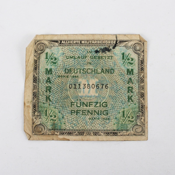 2 Allied Occupation Currency Banknotes 1944 Germany 1/2 Mark France 2 Francs