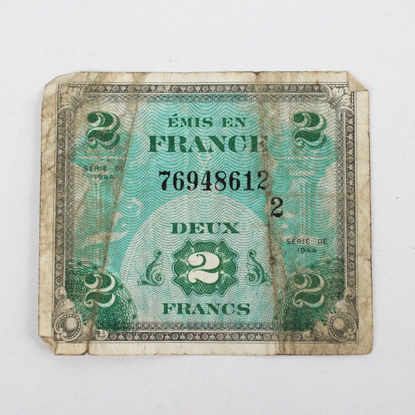 2 Allied Occupation Currency Banknotes 1944 Germany 1/2 Mark France 2 Francs