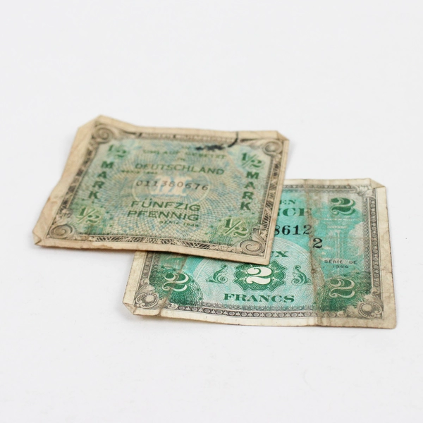 2 Allied Occupation Currency Banknotes 1944 Germany 1/2 Mark France 2 Francs