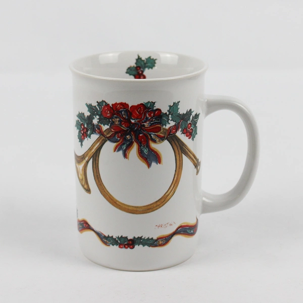 Triumphant Potpourri Press 1991 Christina Holly & Horn Christmas Mug 4.25" Tall