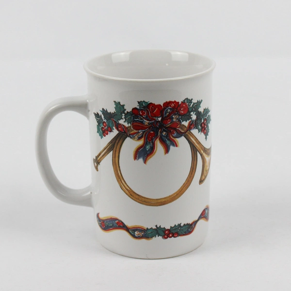 Triumphant Potpourri Press 1991 Christina Holly & Horn Christmas Mug 4.25" Tall