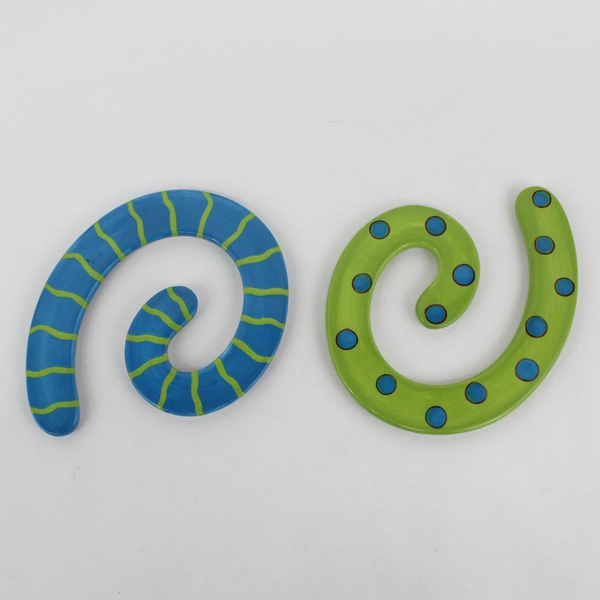 Handcrafted Ceramic Two Piece Intersecting Swirl Trivet Green Teal Stripes Dots 