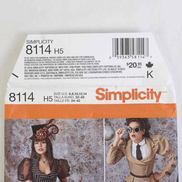 Simplicity Theresa LaQuey 8114 Steam Punk Costumes Womens Size H5 (6,8,10,12,14)