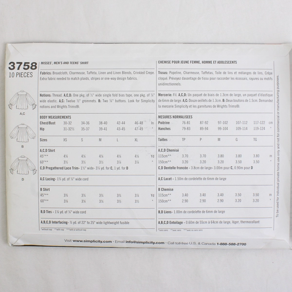 Simplicity Theresa LaQuey 3758 Poet Shirts Costumes Unisex Size A (XS,S,M,L,XL)