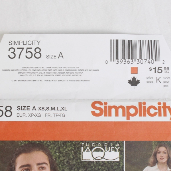 Simplicity Theresa LaQuey 3758 Poet Shirts Costumes Unisex Size A (XS,S,M,L,XL)