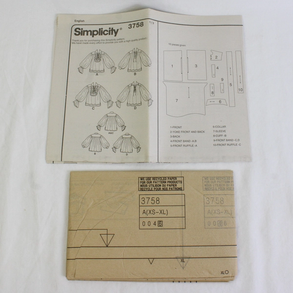 Simplicity Theresa LaQuey 3758 Poet Shirts Costumes Unisex Size A (XS,S,M,L,XL)