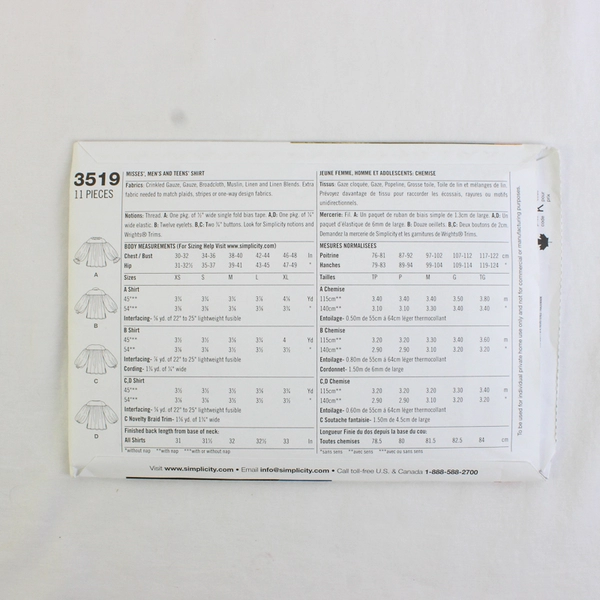 Simplicity Theresa LaQuey 3519 Poet Shirts Costumes Unisex Size A (XS,S,M,L,XL)