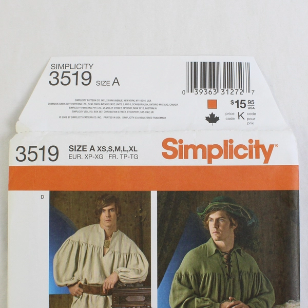 Simplicity Theresa LaQuey 3519 Poet Shirts Costumes Unisex Size A (XS,S,M,L,XL)