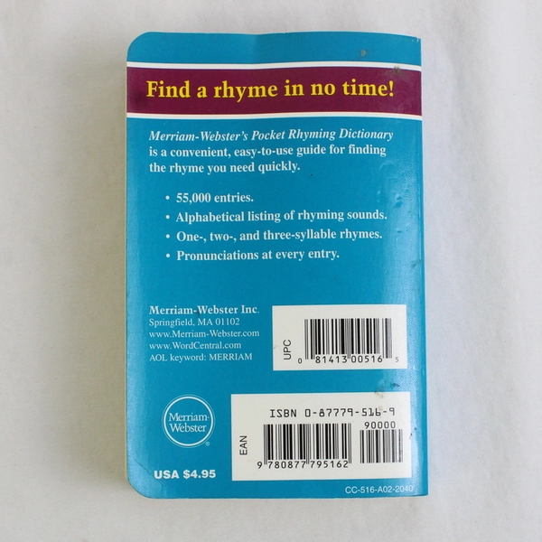 Merriam-Webster's Pocket Rhyming Dictionary 2001 PB Pocket Reference Library