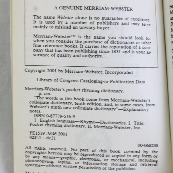 Merriam-Webster's Pocket Rhyming Dictionary 2001 PB Pocket Reference Library