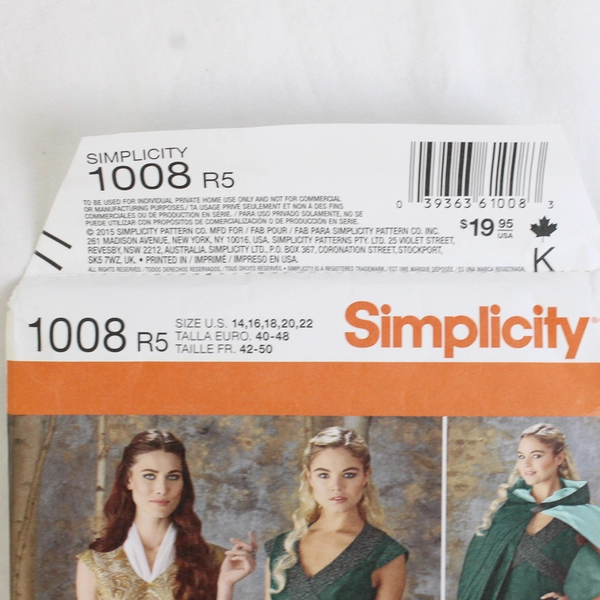 Simplicity Andrea Schewe 1008 Fantasy Costumes Women's Size R5 (14,16,18,20,22)