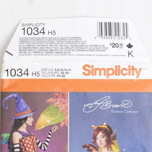 Simplicity Amy Brown 1034 Fantasy Fairy Costumes Women's Size H5 (6,8,10,12,14)