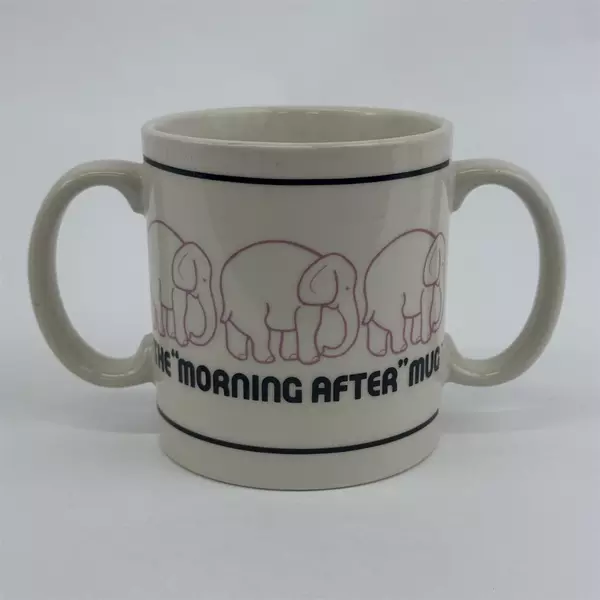  1982 D.M.A. Designs The Morning After Double Handle Pink Elephant Mug Japan