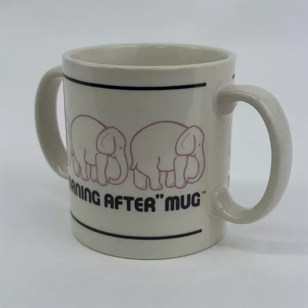  1982 D.M.A. Designs The Morning After Double Handle Pink Elephant Mug Japan