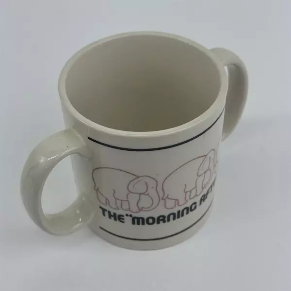  1982 D.M.A. Designs The Morning After Double Handle Pink Elephant Mug Japan