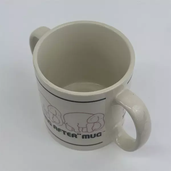  1982 D.M.A. Designs The Morning After Double Handle Pink Elephant Mug Japan