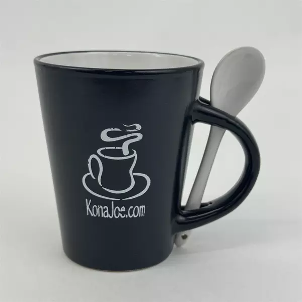 Black Ceramic Kona Joe .Com Coffee Mug With Spoon 