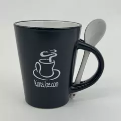 Black Ceramic Kona Joe .Com Coffee Mug With Spoon 