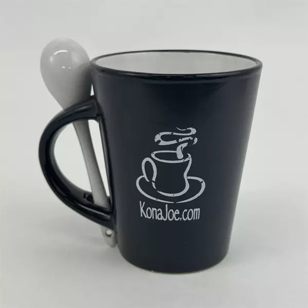Black Ceramic Kona Joe .Com Coffee Mug With Spoon 