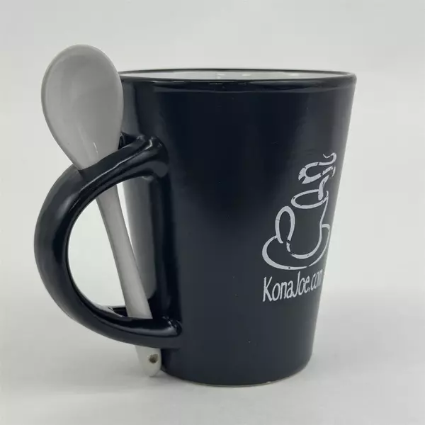 Black Ceramic Kona Joe .Com Coffee Mug With Spoon 