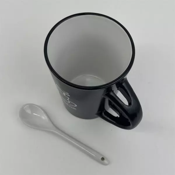 Black Ceramic Kona Joe .Com Coffee Mug With Spoon 