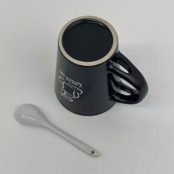 Black Ceramic Kona Joe .Com Coffee Mug With Spoon 