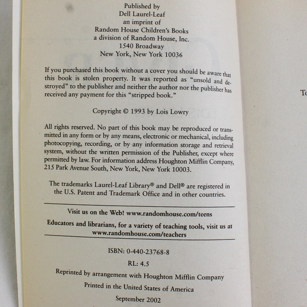 The Giver by Lois Lowry 2002 Paperback Good Condition