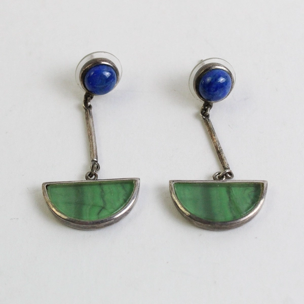 Sterling Silver Malachite & Lapis Dangle Earrings Signed CY