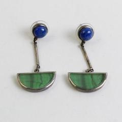 Sterling Silver Malachite & Lapis Dangle Earrings Signed CY