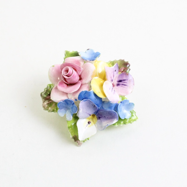 Vintage Dainty Bone China Pansy And Rose Cluster Brooch Made in England