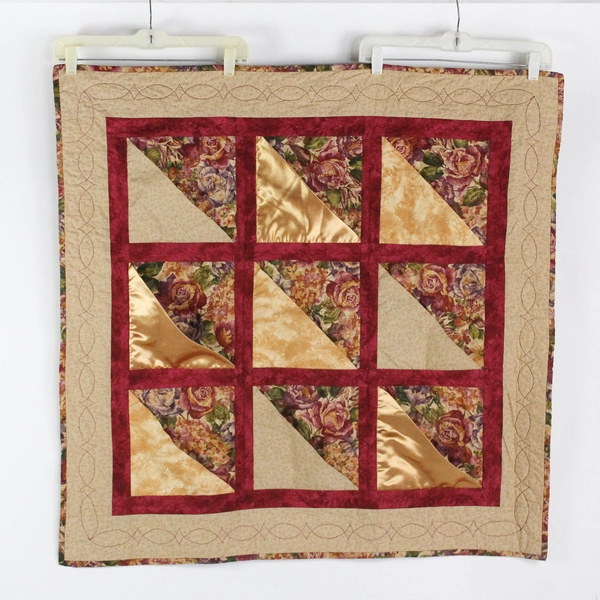 Handmade Floral Patchwork Quilt 36x36 Gold Satin Accents Throw