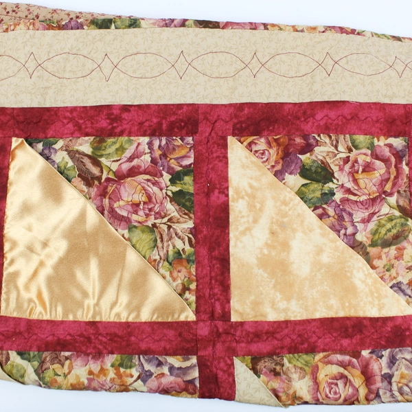 Handmade Floral Patchwork Quilt 36x36 Gold Satin Accents Throw