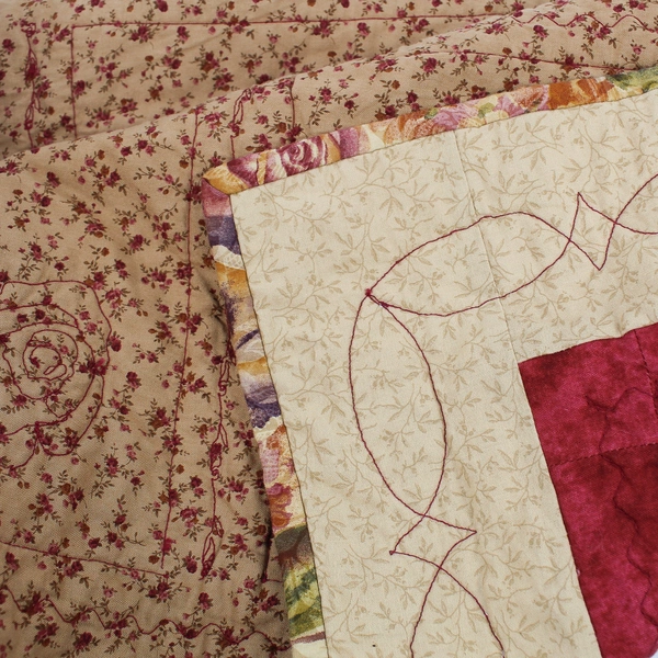 Handmade Floral Patchwork Quilt 36x36 Gold Satin Accents Throw