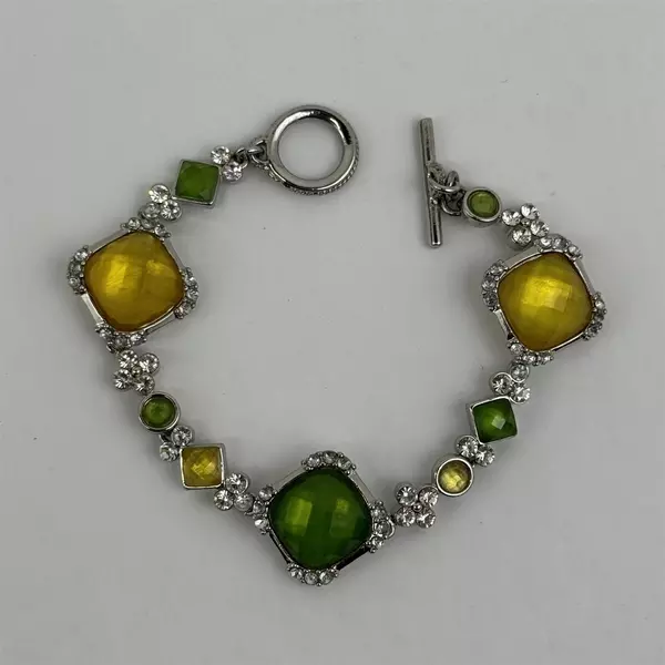 Silver-Tone Bracelet With Citrine And Peridot Rhinestones Toggle Clasp 8"