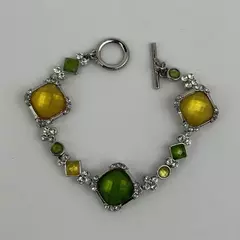 Silver-Tone Bracelet With Citrine And Peridot Rhinestones Toggle Clasp 8"