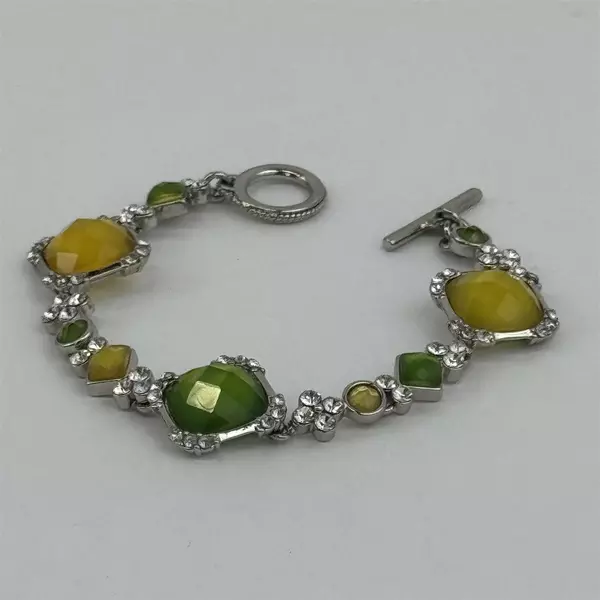 Silver-Tone Bracelet With Citrine And Peridot Rhinestones Toggle Clasp 8"